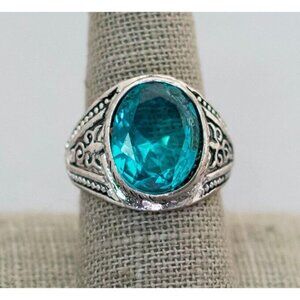 Size 9, Ocean Blue Silver Tone Art Deco Mermaid Vibrant Teal Ring - C4